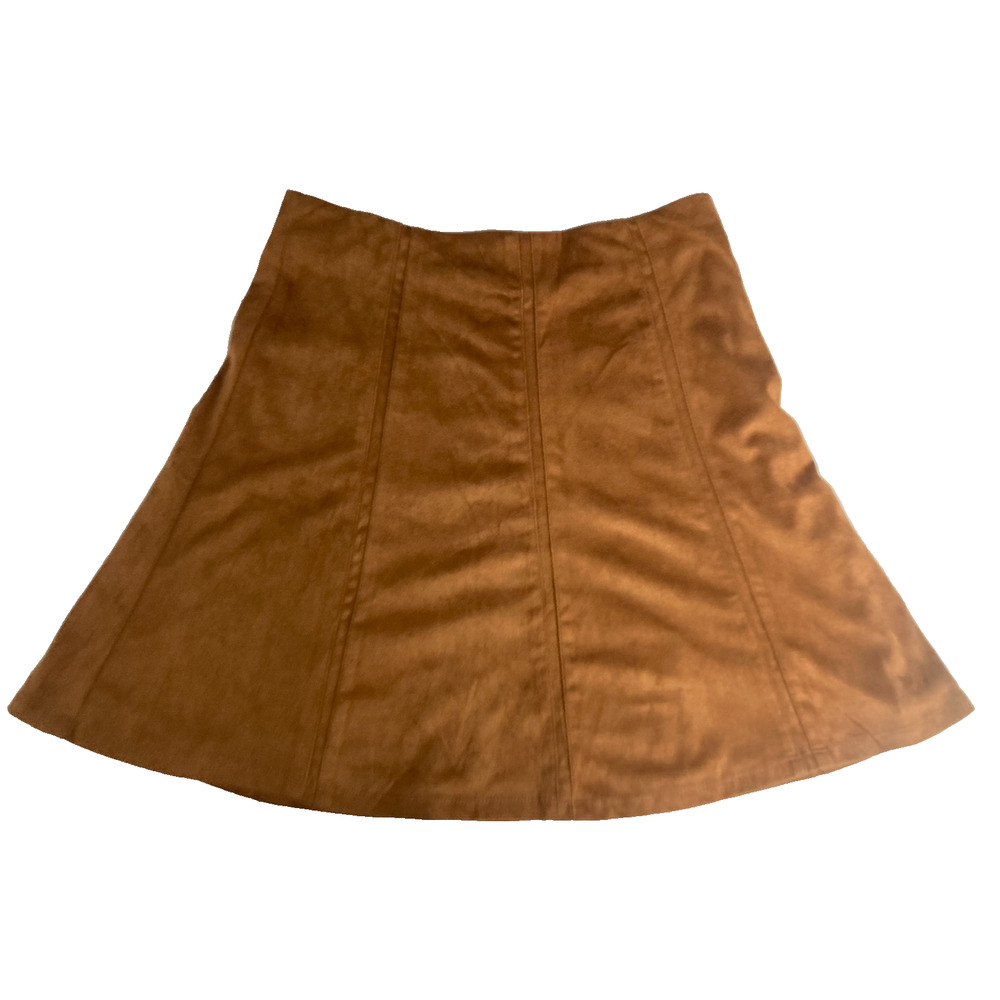 NWT Loft Mocha camel tan brown faux suede mini A-line vertical paneling skirt 2 - Picture 2 of 12